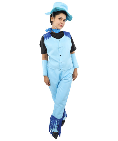 HPO Women's Western Cowgirl Costume – Blue & Black Rodeo Outfit with Hat, Vest, and Fringe Pants – Fashion wear for Party & Cosplay