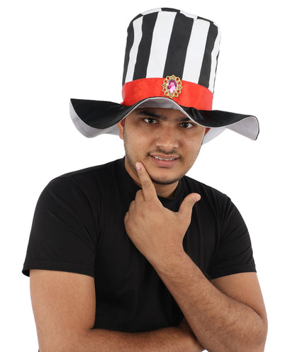 HPO Men's Striped Circus Mini Hat | Black and White Pattern with Red Ribbon and Gothic Cameo | Ideal for Halloween, Theater, Drag, and Carnival Performance Events