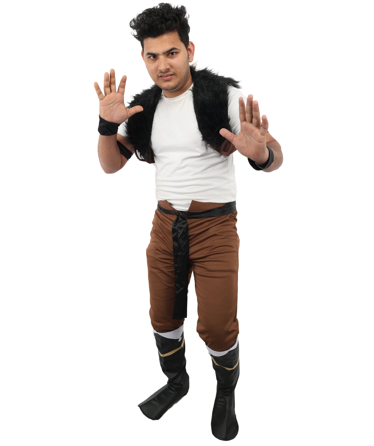 HPO Men's Anime Beast Fighter Suit | Brown and black fur ronior jersey construction featuring a curi, dress, belt, and leg socks | Ideal for party, Halloween, cosplay, theater, drag, performance, costume events