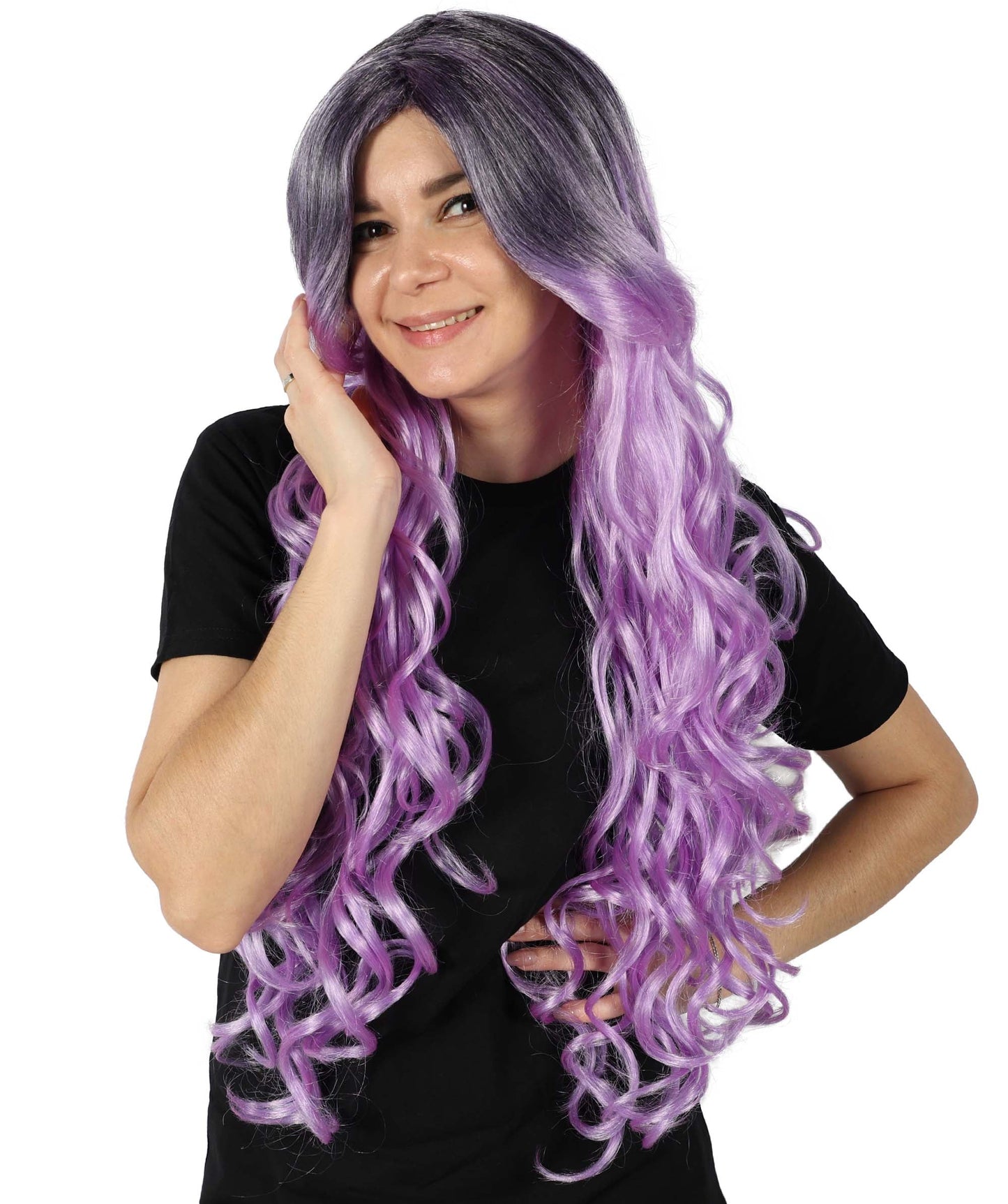 HPO Adult Women's Extra Long Curly Black & Purple Glamour Gothic Wig | Halloween and Cosplay Wig | Flame-retardant Synthetic Fiber |