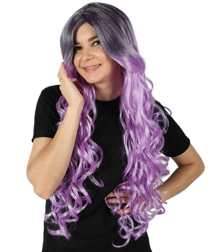 HPO Adult Women's Extra Long Curly Black & Purple Glamour Gothic Wig | Halloween and Cosplay Wig | Flame-retardant Synthetic Fiber |