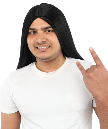 HPO Men’s Middle Part Black Straight Wig | High Heat-Resistant Synthetic Hair | Sleek Rock Star Style for Cosplay, Stage & Halloween