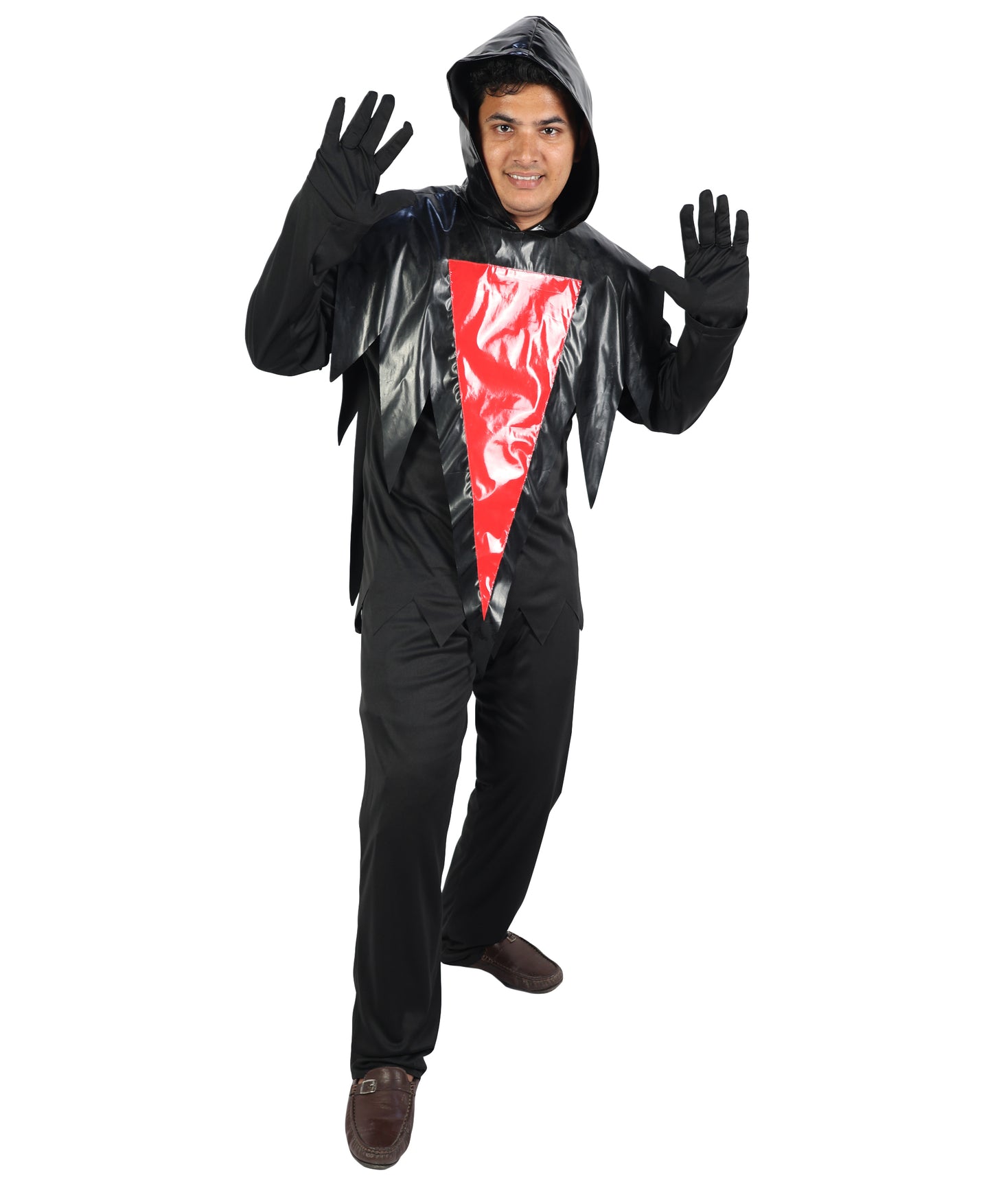 HPO Men's Ghost Slasher Costume | Grim Reaper Style Black Hooded Tunic Jagged Edge Robe Blood Red Ghost Mask | Youth Halloween Cosplay Thriller Horror Theater Performance Costume Events