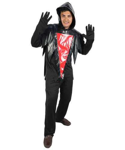 HPO Men's Ghost Slasher Costume | Grim Reaper Style Black Hooded Tunic Jagged Edge Robe Blood Red Ghost Mask | Youth Halloween Cosplay Thriller Horror Theater Performance Costume Events