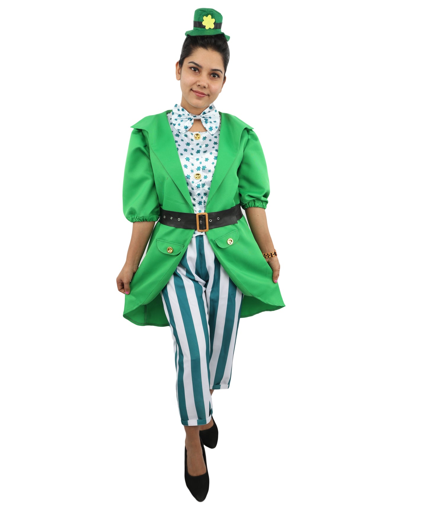 HPO Women's Irish Green Holiday Suit | Layered Shamrock Top and Knickers with Attached Belt | Versatile for Stage Shows, Pub Crawls, and Costume Parties