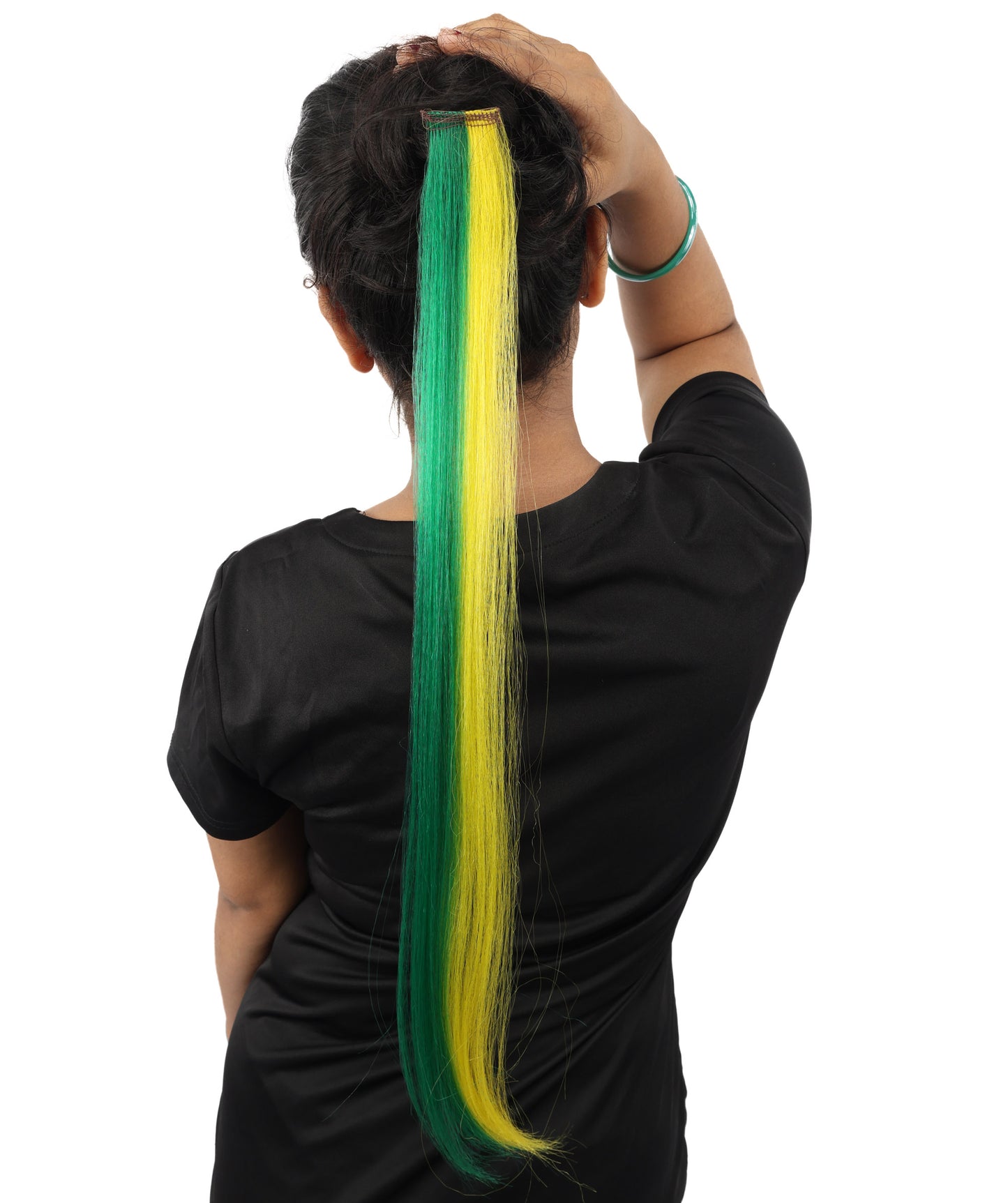 HPO Women's Brazilian Clip-in Hair Extension | Sleek straight green and yellow synthetic fibers featuring a secure snap attachment | Ideal for party, Halloween, cosplay, theater, drag, performance, costume events