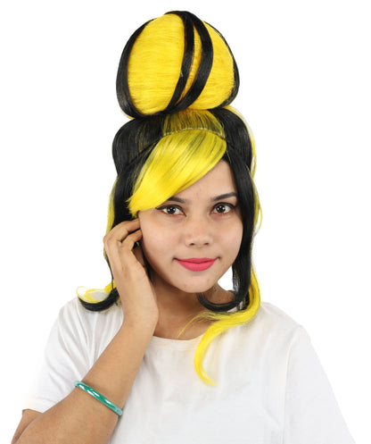HPO Women's Two Tone High Bun Wig | Black and yellow synthetic fibers with tall structural top knot sweeping side bangs and capless base | Essential for theatrical stage drag performance costume events and party
