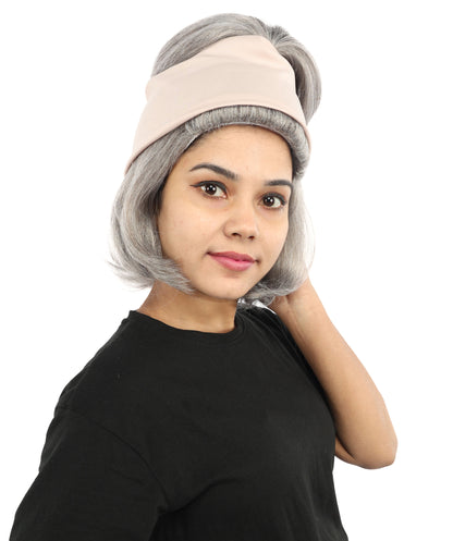 HPO Women’s 14” Grey Beehive Wig with Beige Headwrap | Capless Synthetic Hairpiece | Inspired Look for Halloween Cosplay and Party Events