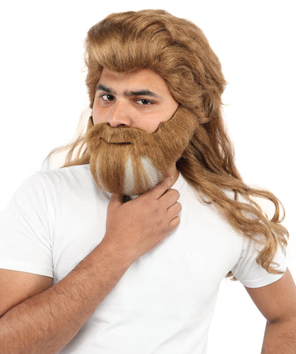 HPO Men’s Long Wavy Brown & White Mixed Wig Beard & Mustache Set – Royal Hairpiece with Adjustable Cap | Ideal for Historical Reenactment, Stage & Cosplay