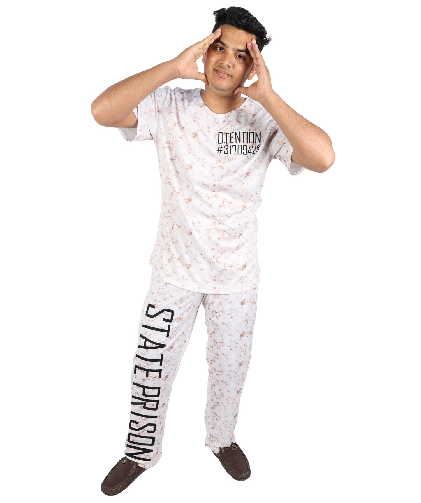 HPO Men's Asylum Inmate White Costume | Distressed State Penitentiary Jailbird Scrub Top and Trousers Combo | Halloween Horror Cosplay Theater Performance Wardrobe Piece