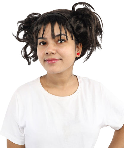 HPO Women’s Messy Twin Bun Wig with Graphic Bangs | Edgy Chocolate Brown Wig for Cosplay, Fashion Events, Halloween & Stage Wear | Adjustable Cap, Lightweight Synthetic Fiber