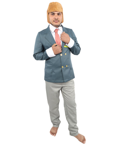 HPO Unisex Vintage Aviator Costume – Blue Blazer with Grey Pant, Mock Shirt Front, Bow Tie, Scarf & Trousers | Party Suit for Visual Scenes