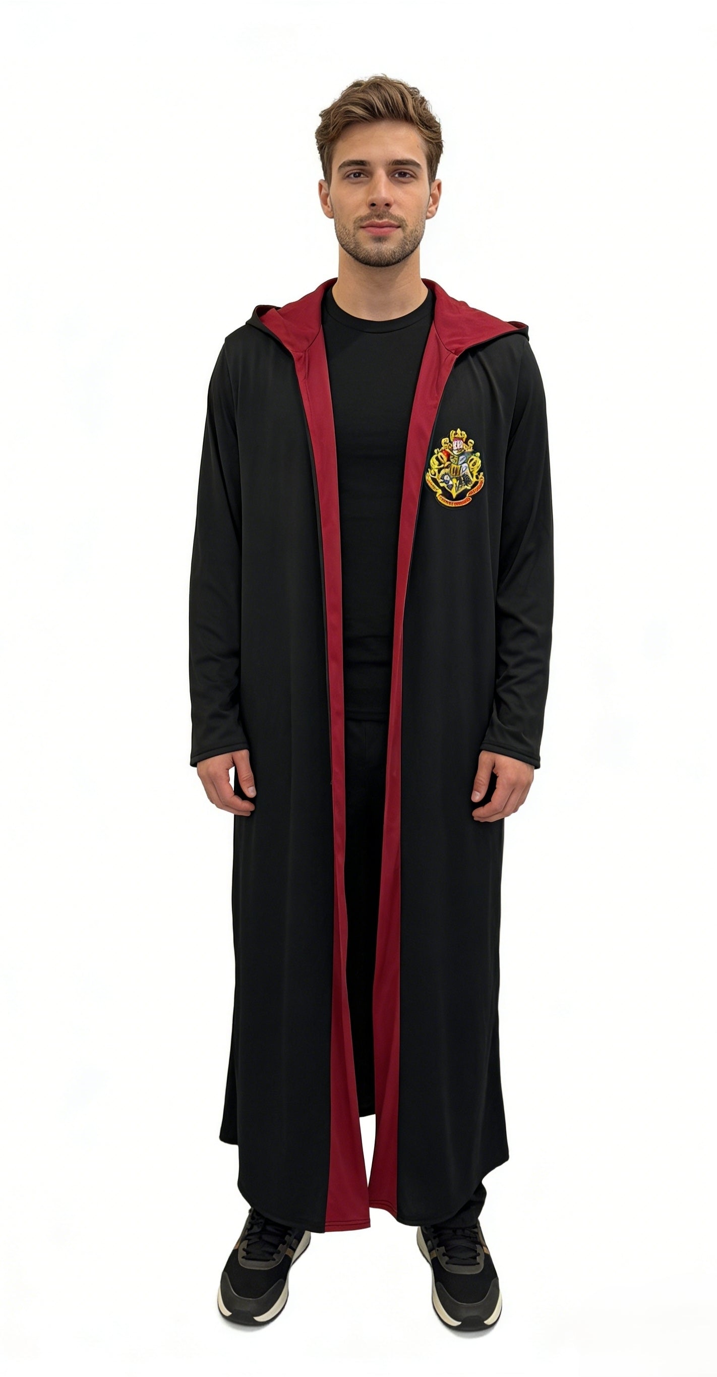 HPO Men's Wizard Academy Cape | Flowing Multicolor jersey construction featuring a long robe with a crest and red inner lining | Ideal for party, Halloween, cosplay, theater, drag, performance, costume events