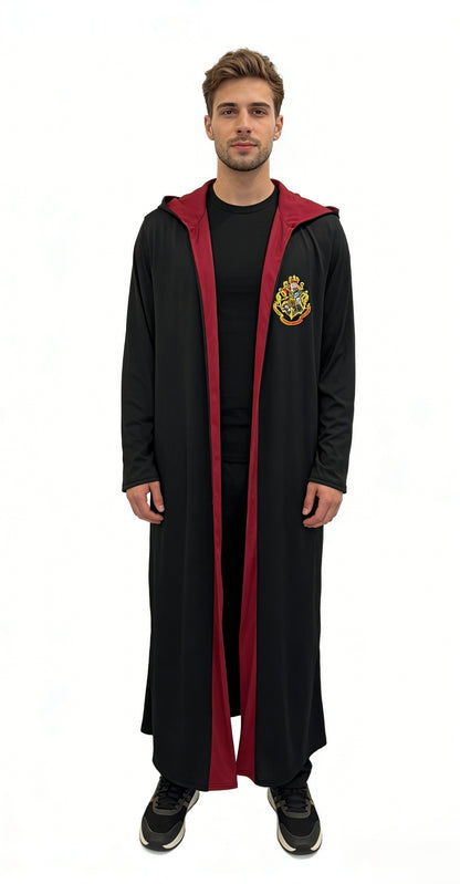 HPO Men's Wizard Academy Cape | Flowing Multicolor jersey construction featuring a long robe with a crest and red inner lining | Ideal for party, Halloween, cosplay, theater, drag, performance, costume events