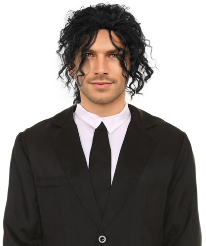 Men's Black Pop Star Medium Curly Wig-Synthetic Hair with Natural Texture | Commonly Used in Cosplay, Stage Performances & Retro Theme Parties