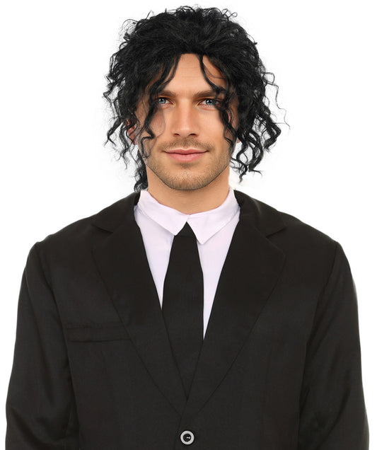 Men's Black Pop Star Medium Curly Wig-Synthetic Hair with Natural Texture | Commonly Used in Cosplay, Stage Performances & Retro Theme Parties