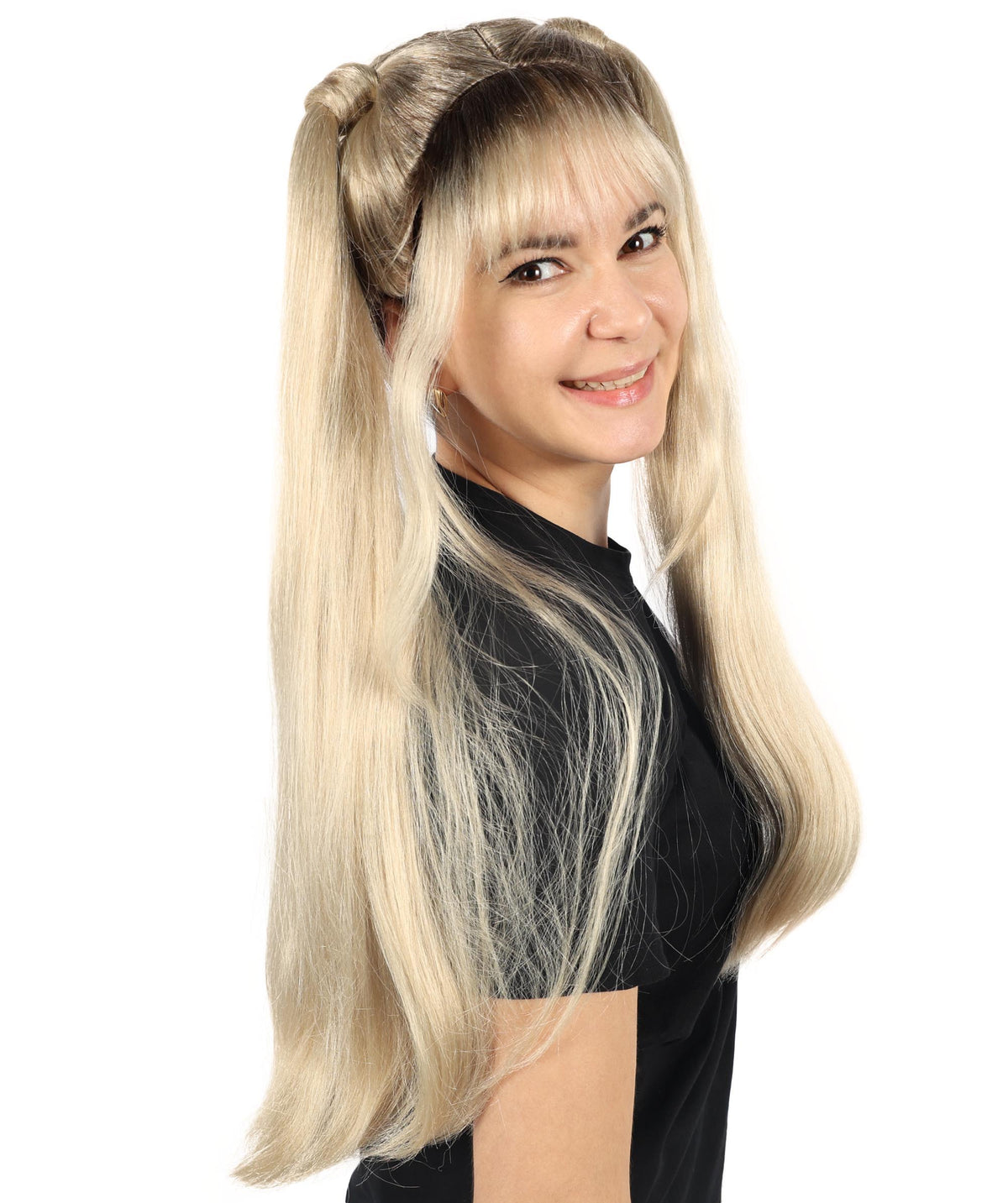HPO Women Chic 90s Pop Star Wig Multiple Bun Style with Flirty Flair and Retro Appeal, Premium Breathable Capless Cap
