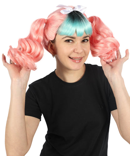 HPO Women's American Singer Pink & Mint Green Double Ponytail Wig | Halloween and Cosplay Wig | Flame-retardant Synthetic Fiber