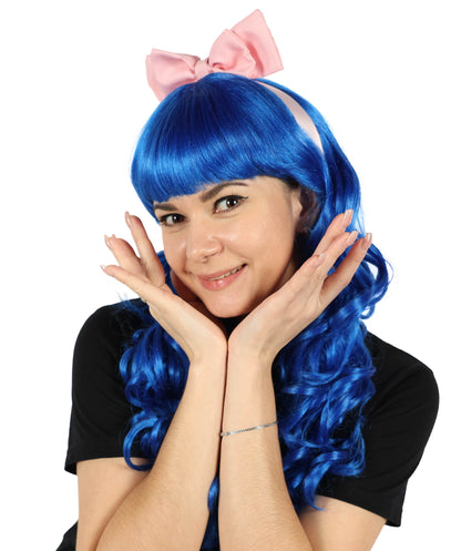 HPO Women's American Singer Medium Length Blue Wavy Pink Bow Wig | Halloween Wig | Flame-retardant Synthetic Fiber