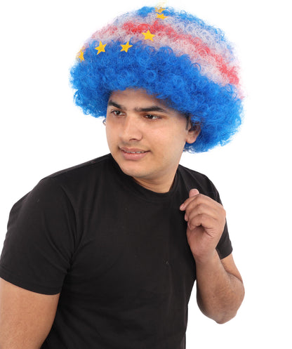HPO Unisex Cabo Verde Sports Clown Wig – Curly Flag-Themed Wig for Football Fans & Parades  | Synthetic Fiber Headpiece with Standard Cap