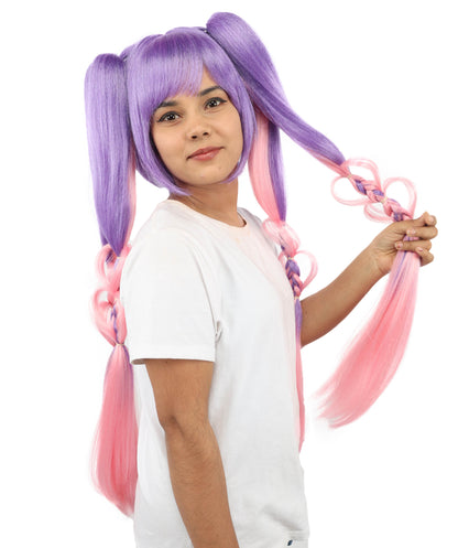 HPO Women's Heart Pigtail Character Wig | Dual-tone purple and pink, create of synthetic fiber, long structured pigtails with heart-shaped loops, breathable base | Party, Halloween, theater, drag, performance, costume events