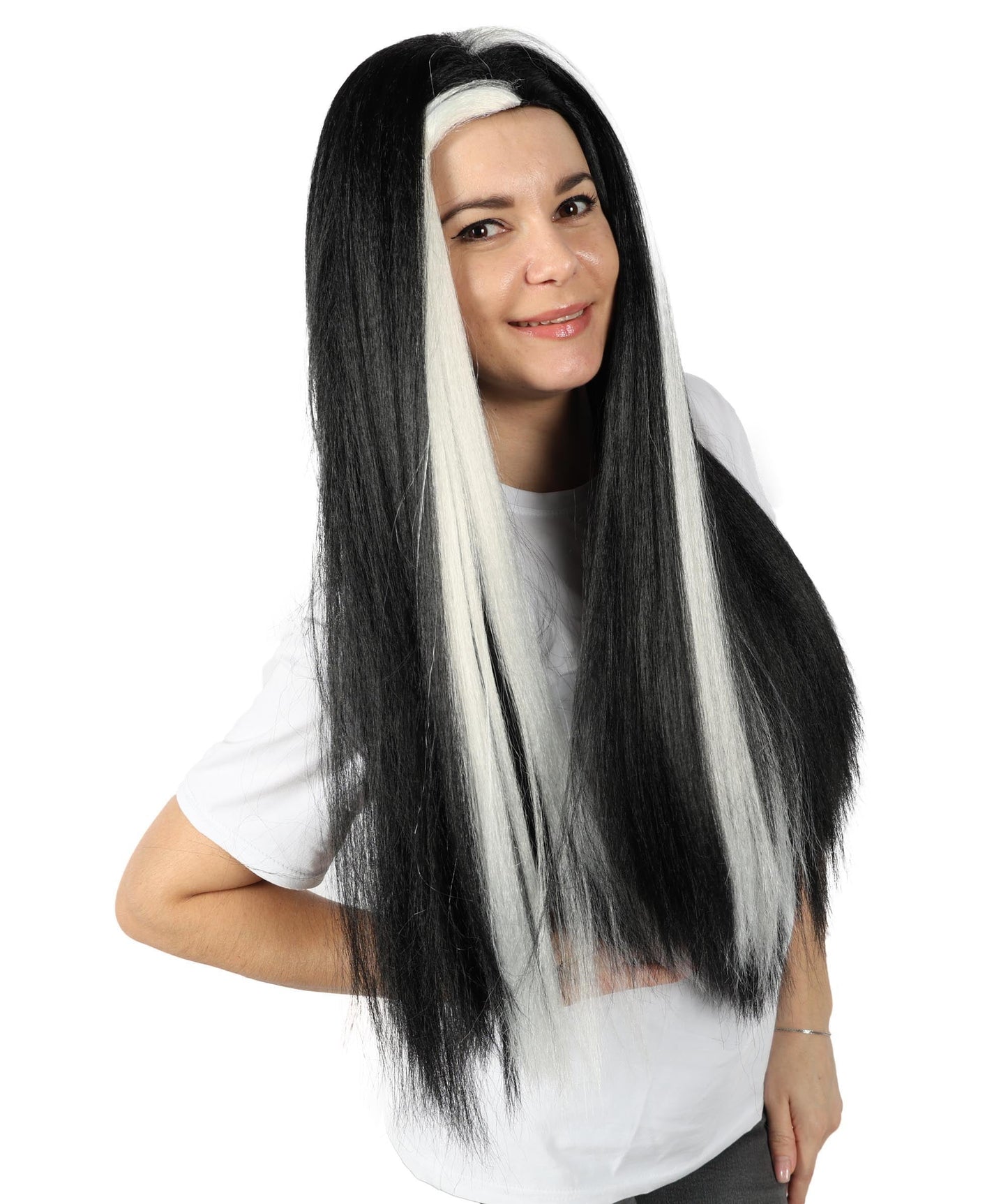 Women’s Extra Long Straight Black and White Widow’s Peak Wig with Center Part | High-Volume Hairpiece for Halloween, Cosplay & Gothic Character Looks