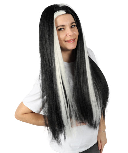 Women’s Extra Long Straight Black and White Widow’s Peak Wig with Center Part | High-Volume Hairpiece for Halloween, Cosplay & Gothic Character Looks