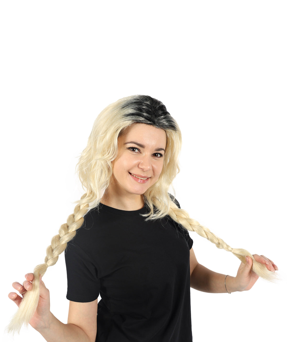 HPO Adult Women Sabrina Carpenter-Inspired Black and Blonde Wig with Braids - Perfect for  & Costumes, Long Synthetic Hair with Adjustable Cap for Comfort & Style, Halloween, & Themed Parties