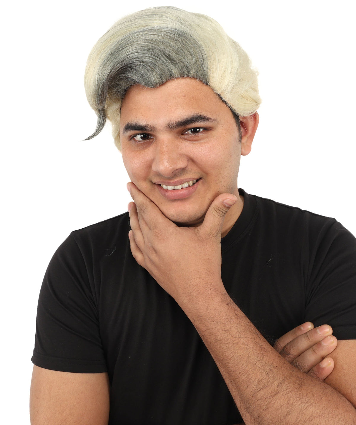 HPO Adult & Teen Men's Sleek Updo Theatrical Wig | Icy silver tone, create of synthetic fiber, striking swept front volume, breathable base | Party, Halloween, theater, drag, performance, costume events