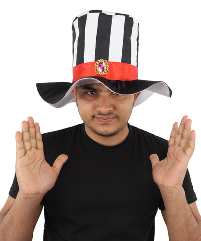 HPO Men's Striped Circus Mini Hat | Black and White Pattern with Red Ribbon and Gothic Cameo | Ideal for Halloween, Theater, Drag, and Carnival Performance Events