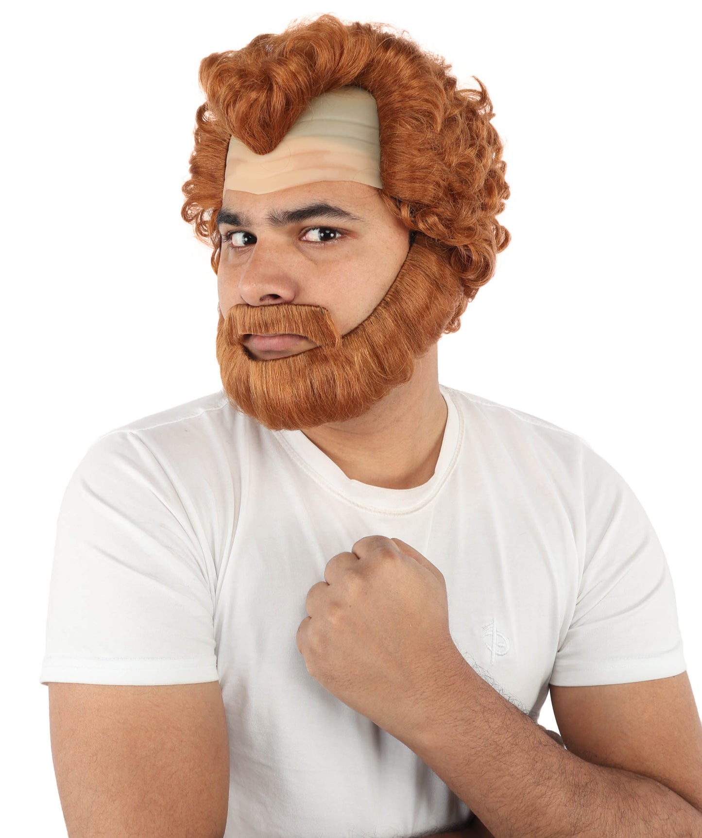 HPO Men’s Short Brown Curly Wig Beard & Mustache Set – Messy Sleepy Style Wig with Natural Afro Curls | Animated Movie-Inspired for Halloween & Cosplay Characters