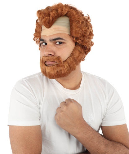 HPO Men’s Short Brown Curly Wig Beard & Mustache Set – Messy Sleepy Style Wig with Natural Afro Curls | Animated Movie-Inspired for Halloween & Cosplay Characters