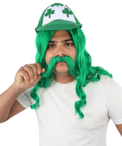 Green Mullet Hair Hat Wig & Mustache Set for Men | Synthetic Retro Punk Hairstyle | Wigs for Cosplay, Halloween, Parties & Roleplay