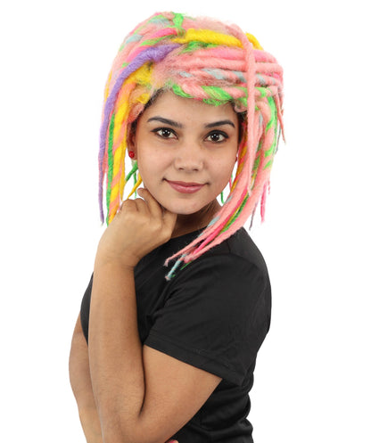 Women's Neon Cyber Goth Wool Dreadlock Wig | UV Reactive Multicolor Braids | Festival Rave Hairpiece, Halloween Costume and Club Wear Accessory