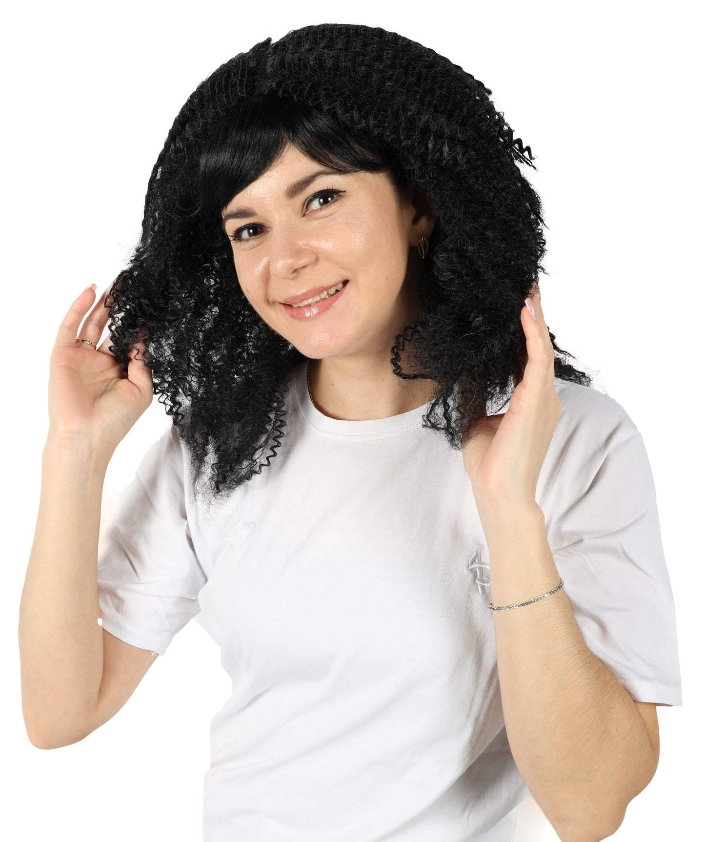 HPO Adult Women's 80s Shoulder Length Straight Black Crimp Wig| Halloween and Cosplay Wig | Flame-retardant Synthetic Fiber