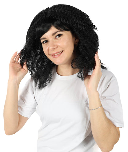 HPO Adult Women's 80s Shoulder Length Straight Black Crimp Wig| Halloween and Cosplay Wig | Flame-retardant Synthetic Fiber