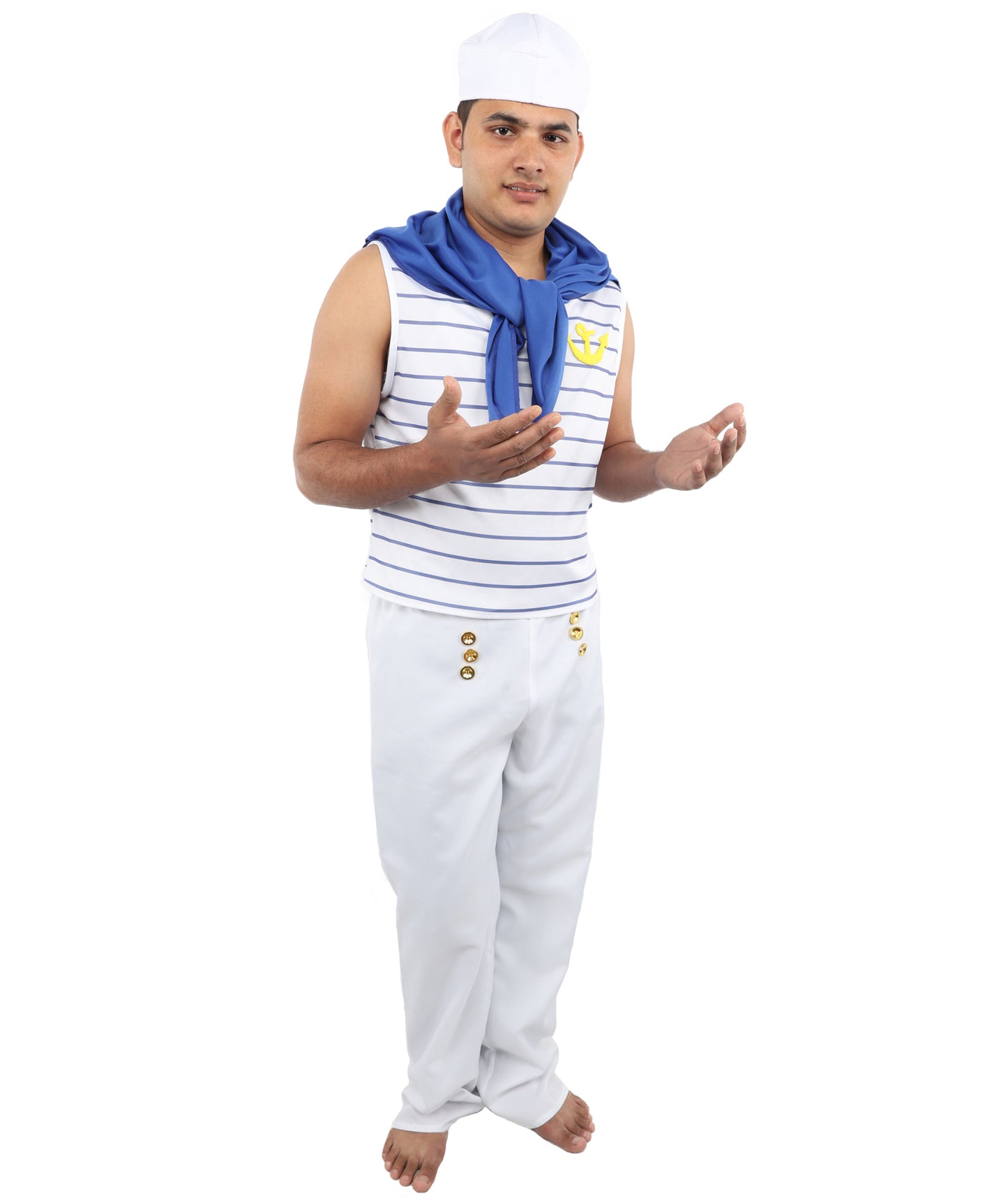 HPO Men’s Fever French Sailor White & Blue Costume by Smiffys – Striped Shirt & Sailor Hat