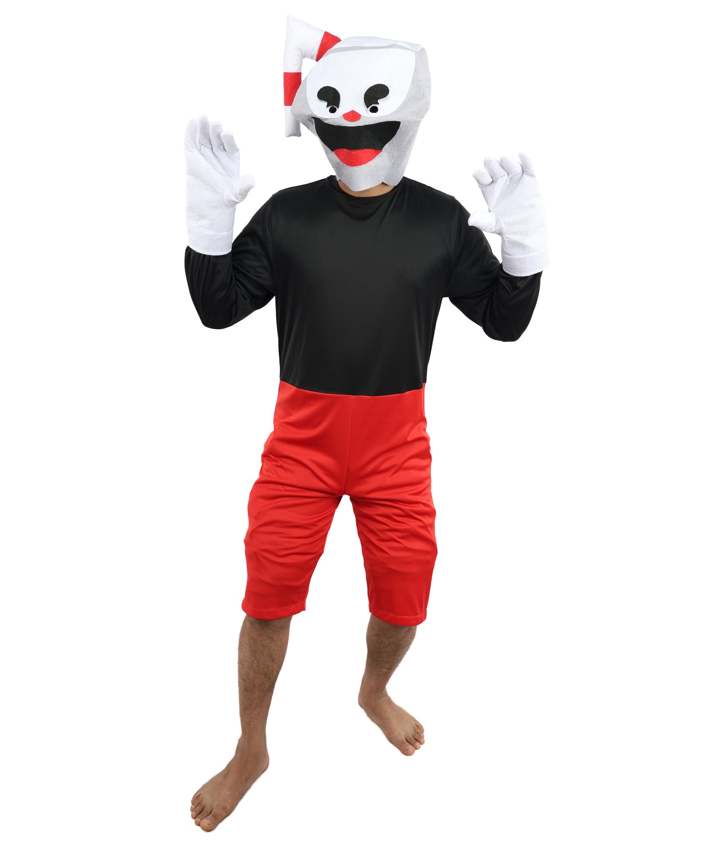 HPO Men's Vintage Toon Cup Red & Black Costume | Soft Fabric Construction Featuring Straw Accent Mask and Shorts | Versatile for Stage Shows, Carnival Events, and Character Parties