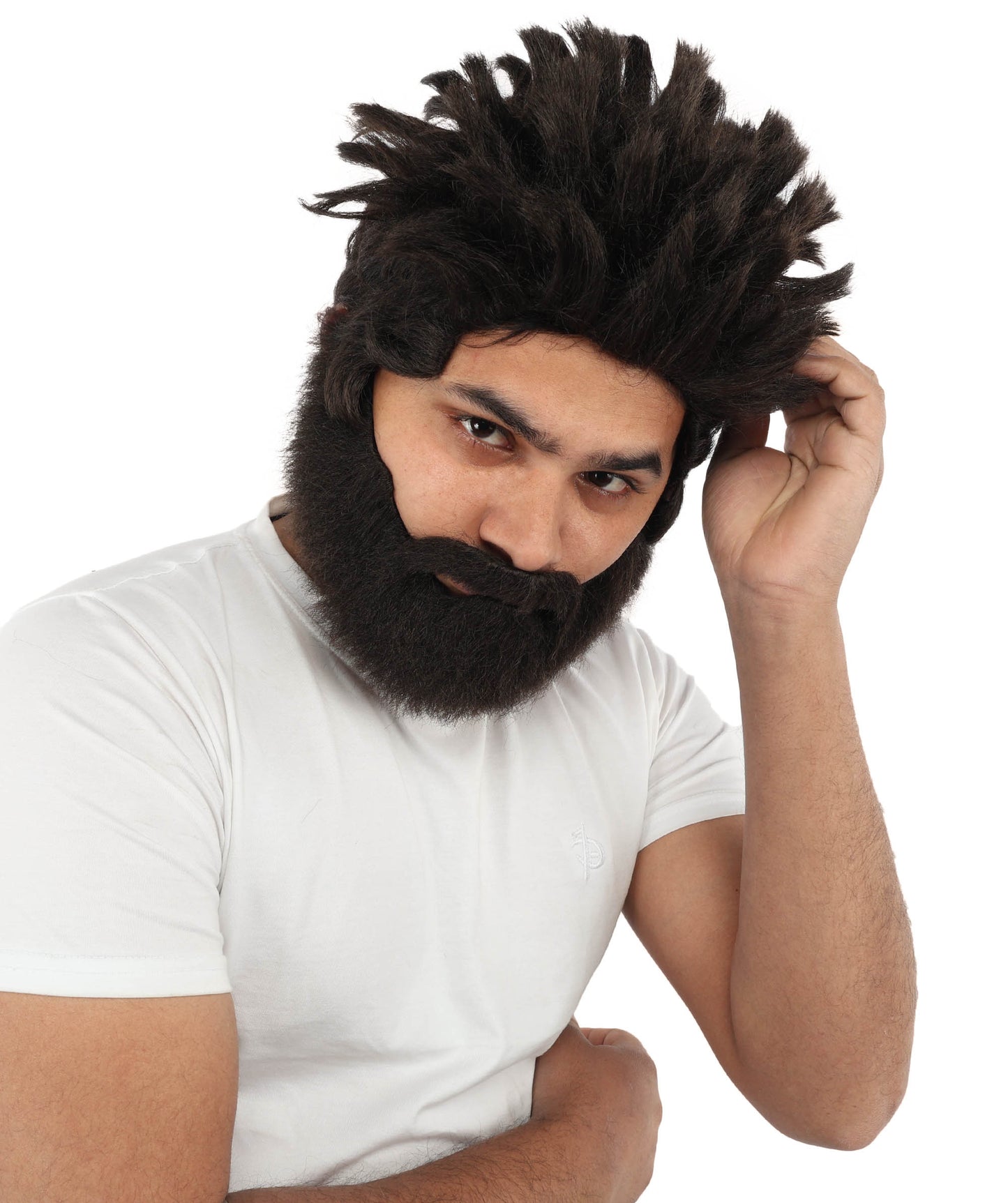 HPO Men’s Animated Genius Spiky Wig Beard & Mustache Set  – Wild Mad Scientist Pointed Beard & Curled Mustache Combo | Ideal for Animated Cosplay, Halloween Parties & Events
