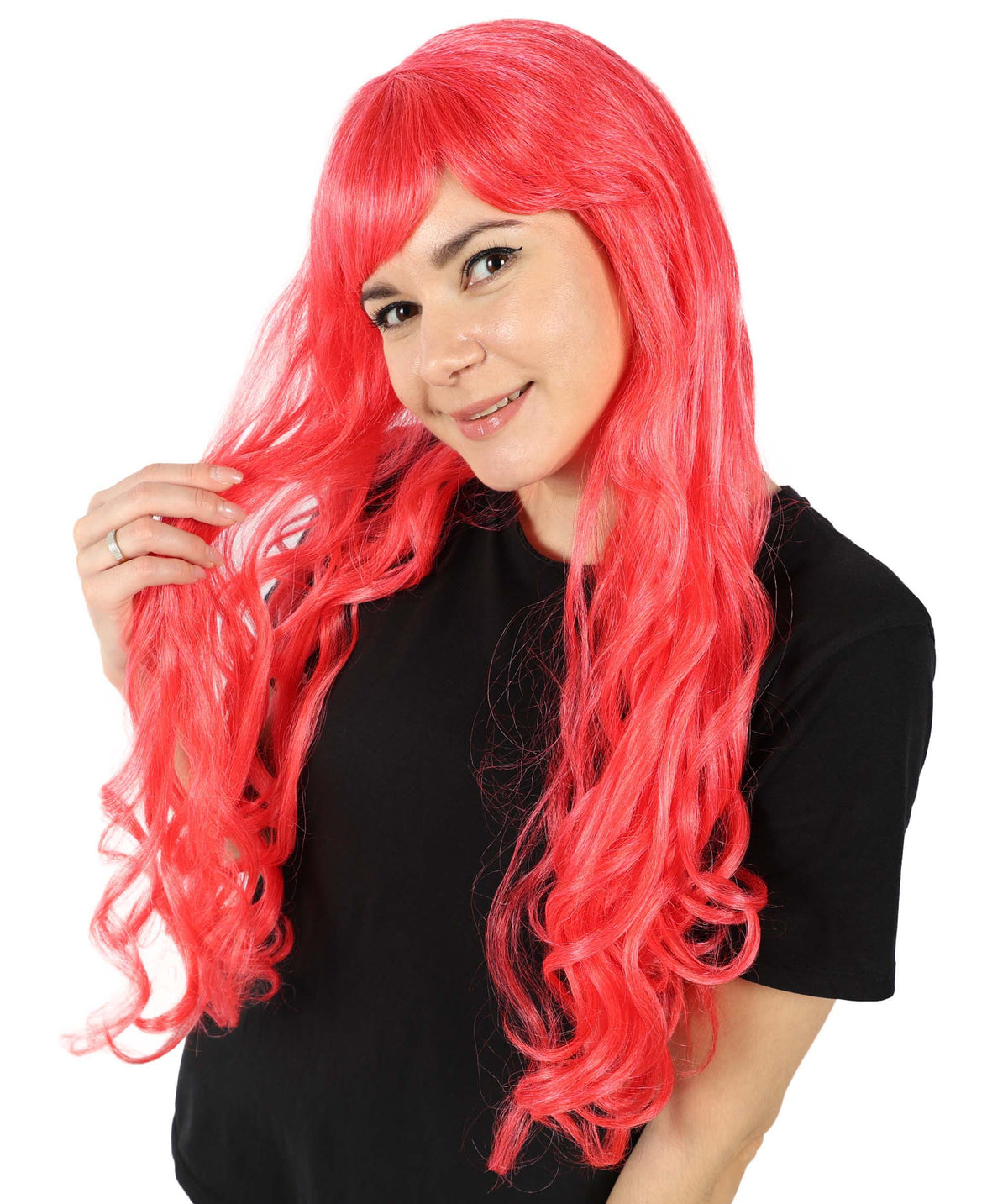 HPO Women's Red Long Wavy Desire Wig with Front Bangs | Halloween and Party Wig | Flame-retardant Synthetic Fiber  |  Premium Breathable Capless Cap