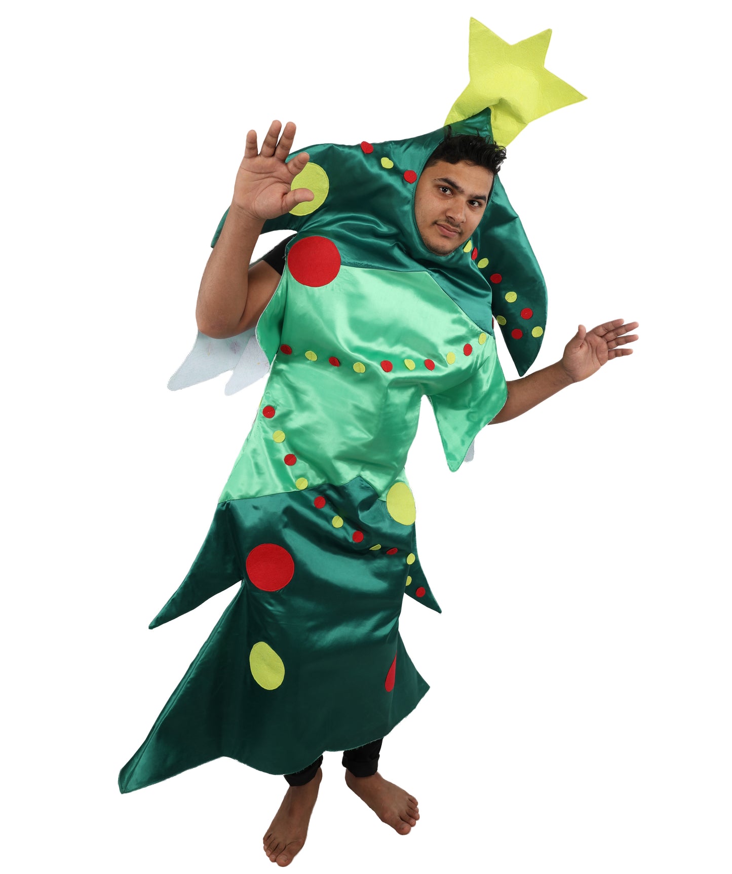 HPO Men's Festive Christmas Tree Costume | Green Structured Foam and Jersey Tunic with Star Accent | Ideal for Halloween, Theater, Drag, and Holiday Performance Events