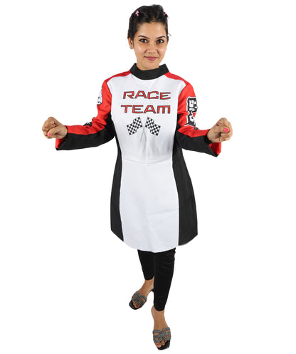 HPO Women’s Racing-Themed Costume | Black, White & Red Jumpsuit with Gloves | RONIOR Fabric 3-in-1 Outfit for Performance & Cosplay