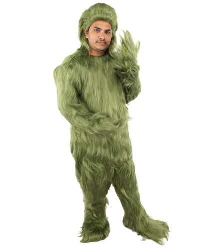 Furry Monster Grinch Christmas Olive Green Santa Costume, Ideal for Halloween