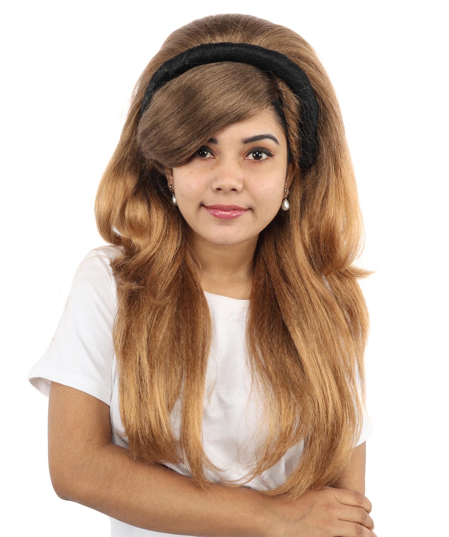 HPO Women's Retro Headband Long Multicolor Wig | 24 Inch Voluminous Honey Brown Swept Bangs | Party Halloween Cosplay Theater Pop Star Costume Events