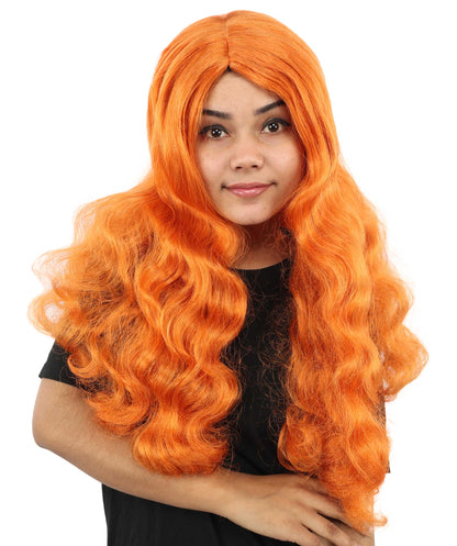 HPO Women's Long Orange Wavy Wig | Center Parted Ginger Curls with Voluminous Ends, Heat Resistant Synthetic Fiber & Breathable Cap | Halloween, Teen Roleplay, Theater, Themed Party & Costume Events
