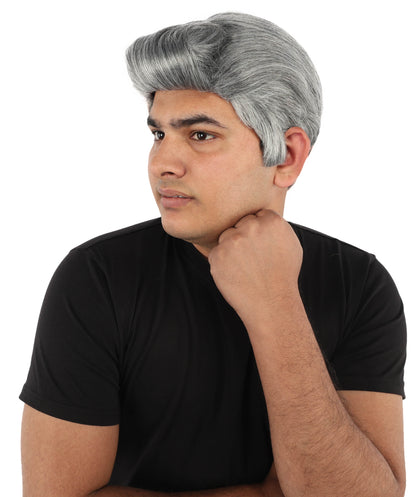 HPO Men's Silver Dark Grey Short Swept Wig | Flame-Retardant Synthetic Fiber with Capless Cap | Ideal for Theater, Halloween and Cosplay