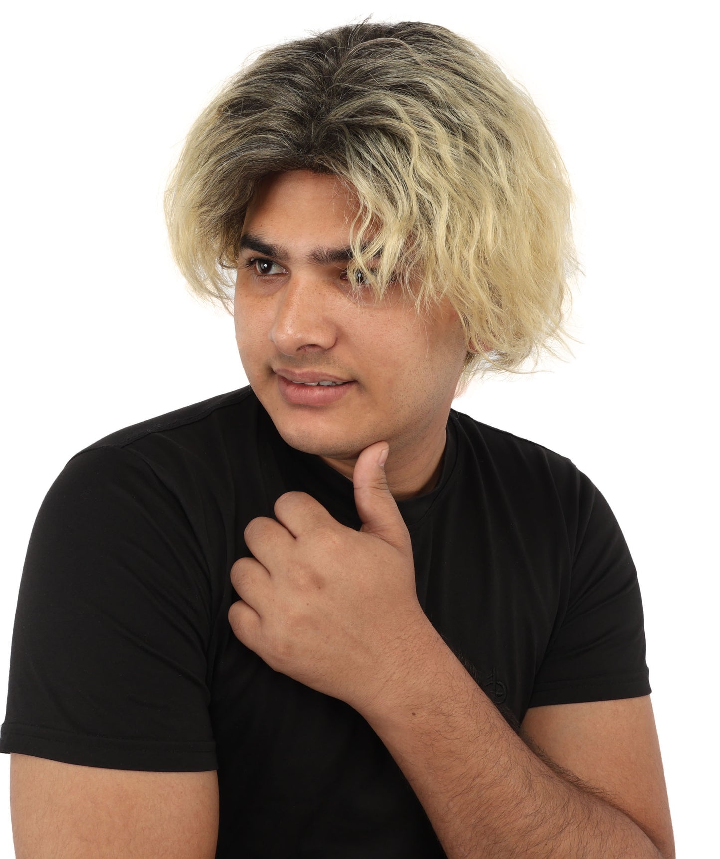 HPO Men's Messy Wavy Shag Black & Grey Wig | Two-tone rooted hue, create of synthetic fiber, relaxed tousled volume, breathable base | Party, Halloween, theater, drag, performance, costume events