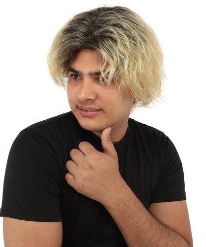 HPO Men's Messy Wavy Shag Black & Grey Wig | Two-tone rooted hue, create of synthetic fiber, relaxed tousled volume, breathable base | Party, Halloween, theater, drag, performance, costume events