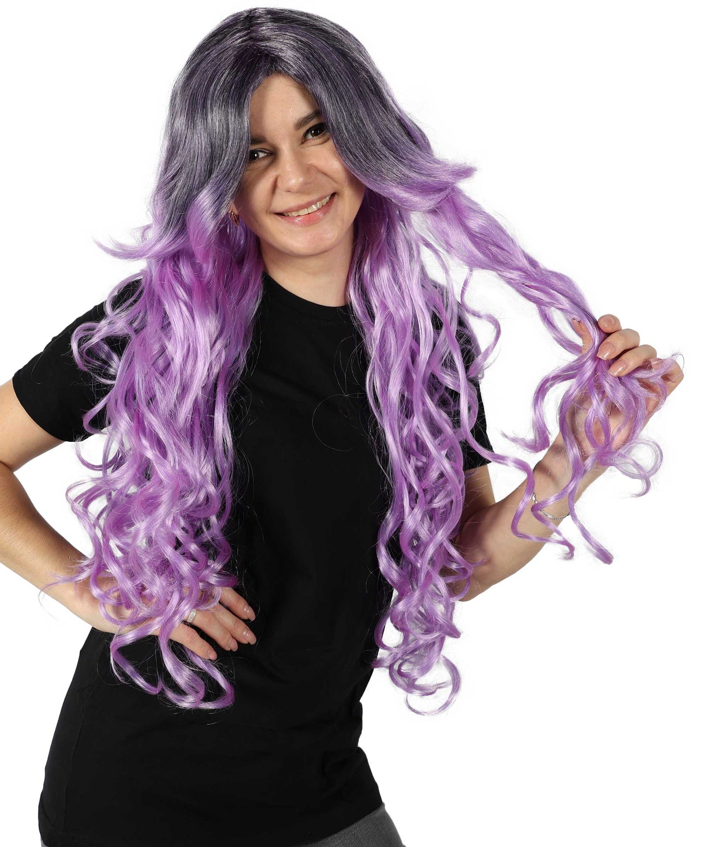 HPO Adult Women's Extra Long Curly Black & Purple Glamour Gothic Wig | Halloween and Cosplay Wig | Flame-retardant Synthetic Fiber |