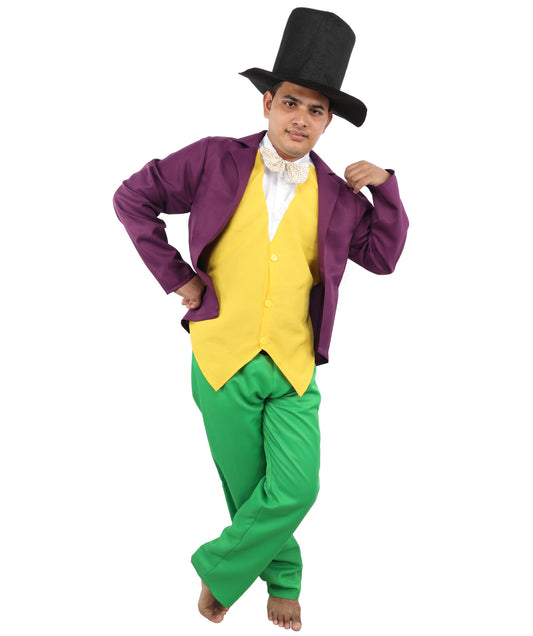HPO Men's Stage Presenter Multicolor Costume – Jacket with Waistcoat Effect, Muck-Up-T-shirt, Trousers & Tall Top Hat | Cosplay Suit for Theme Events